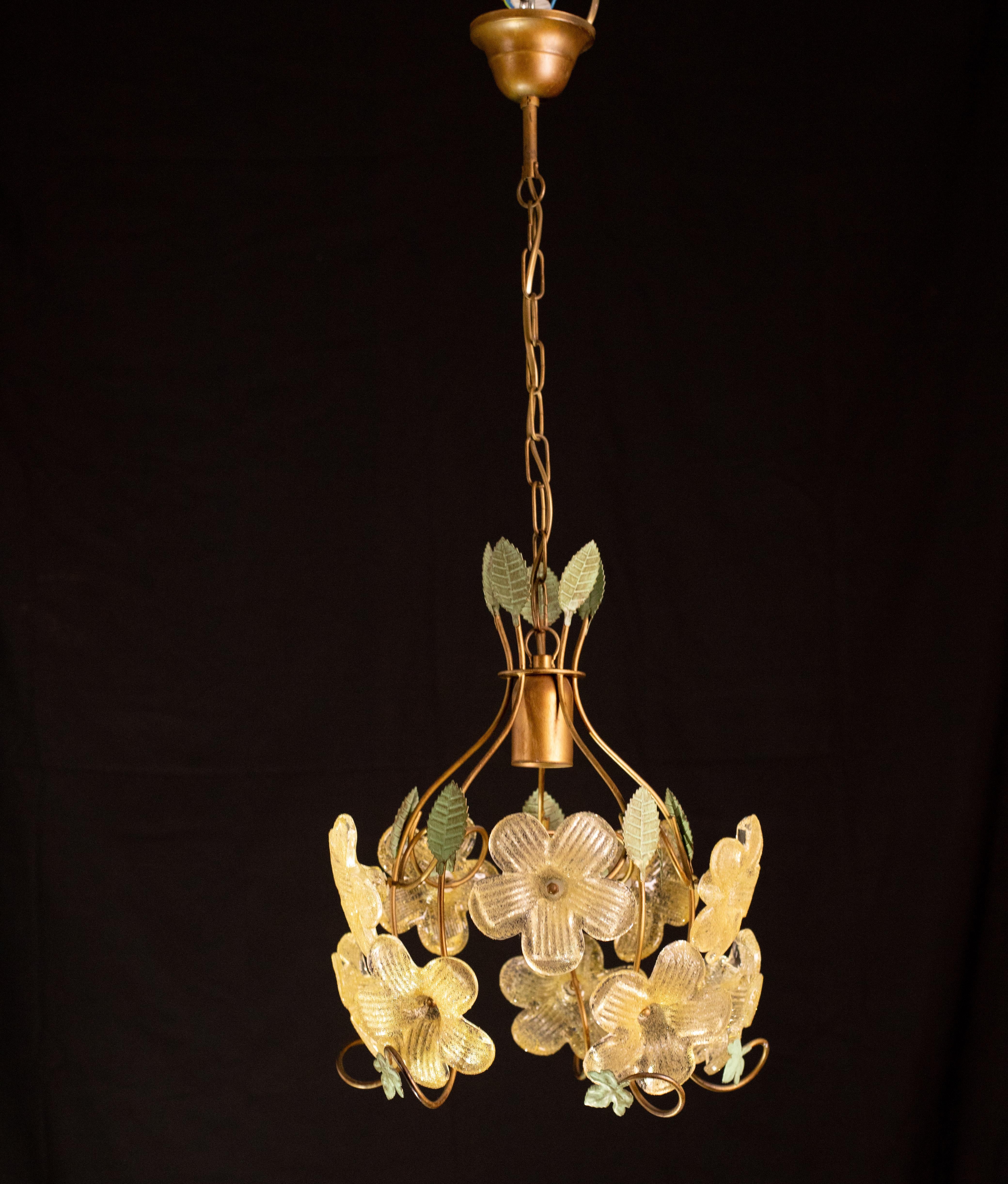 Pretty Set of 2 chandeliers with gold flowers in Murano glass.

Design period: 1970.

One light point.

Green painted frame, very good vintage condition.

Height 75 centimetres, 45 centimetres without chain, diameter 38 centimetres, chain can be