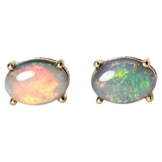 Pretty Simple Oval Australian Black Opal Stud Earrings 14k Yellow Gold