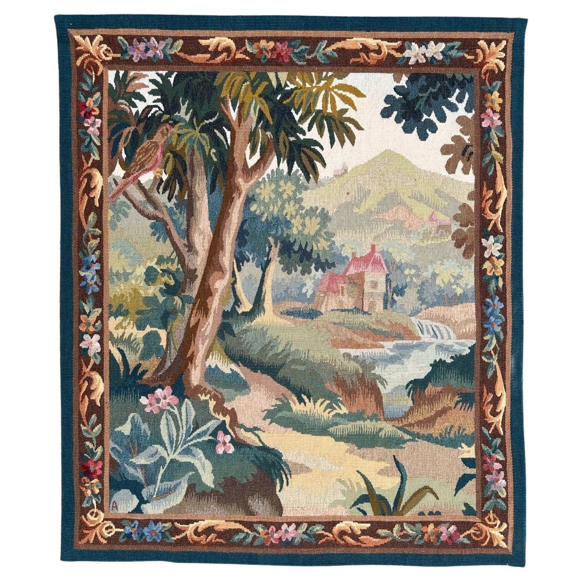 Bonito y pequeño tapiz francés de Aubusson del siglo XX