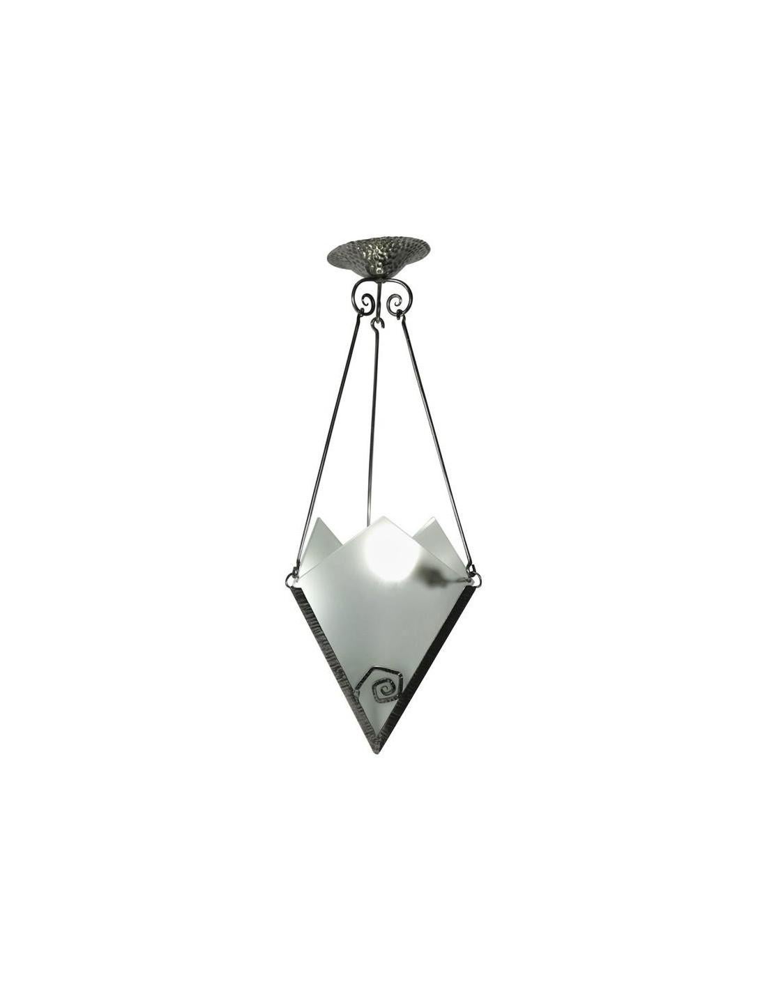 Mid-20th Century Pretty Small Art Deco Light Fixture in Etched Glass and Steel, circa 1930 For Sale