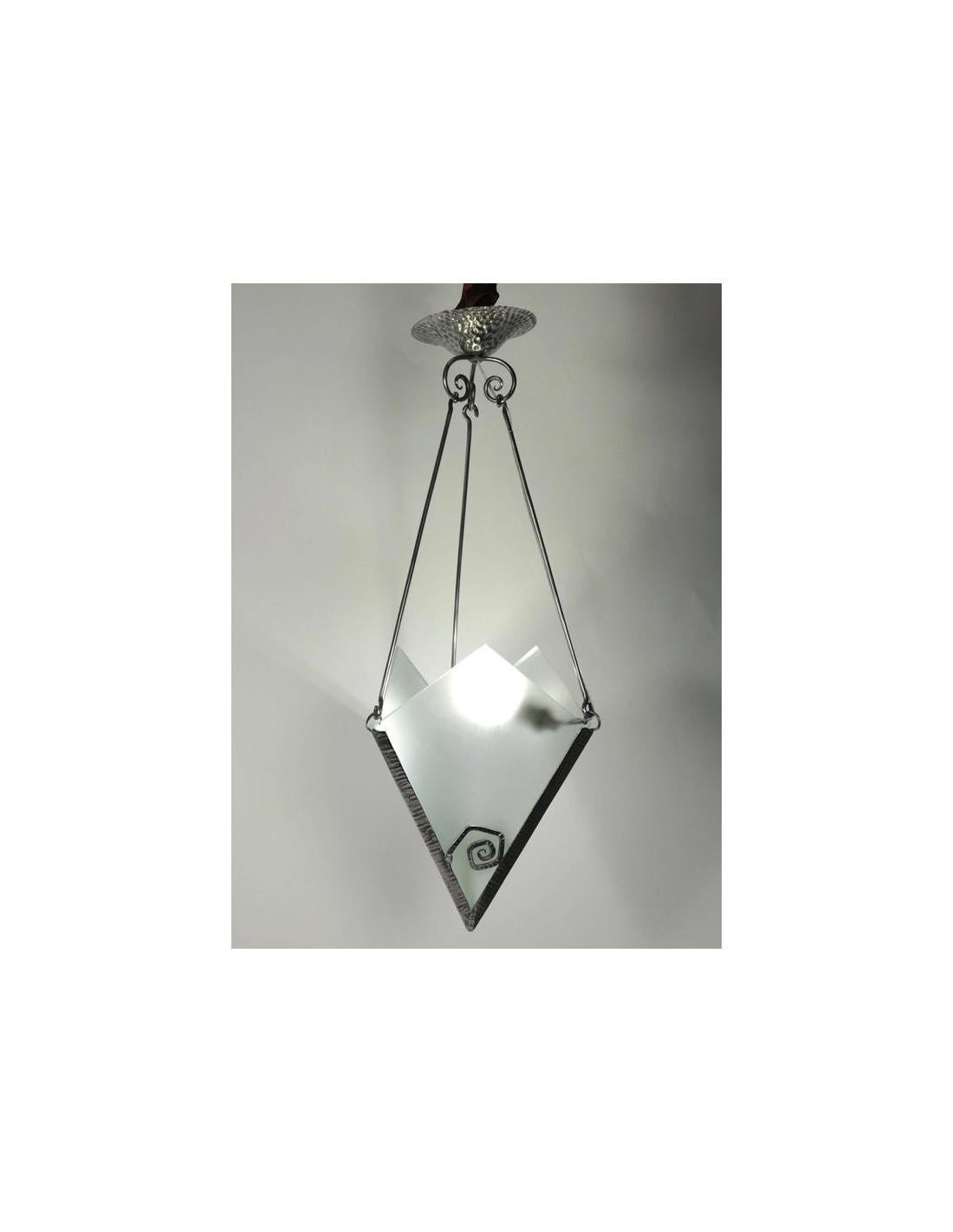 Metal Pretty Small Art Deco Light Fixture in Etched Glass and Steel, circa 1930 For Sale