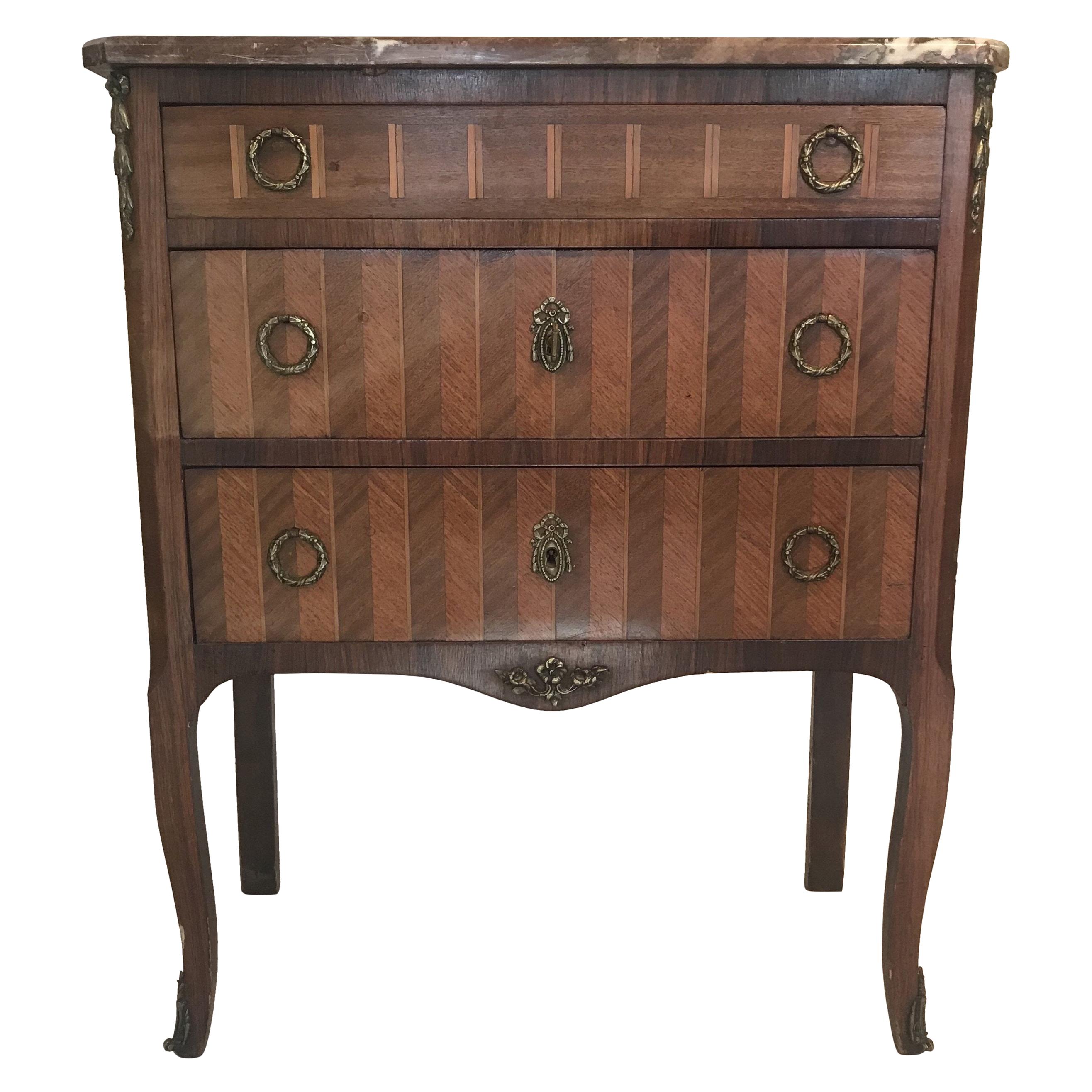 Pretty Small French Inlaid Marquetry Three-Drawer Commode with Marble Top