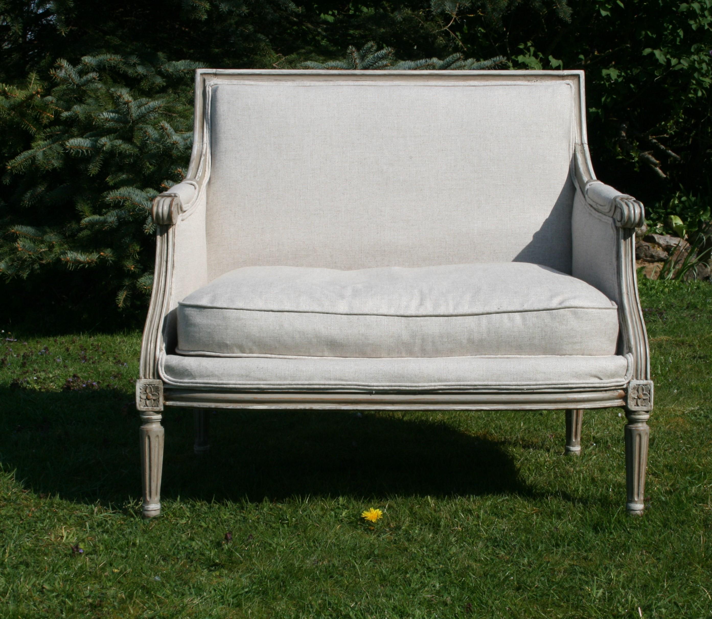 French canapé in later paint finish with new linen fabric and feather cushion.