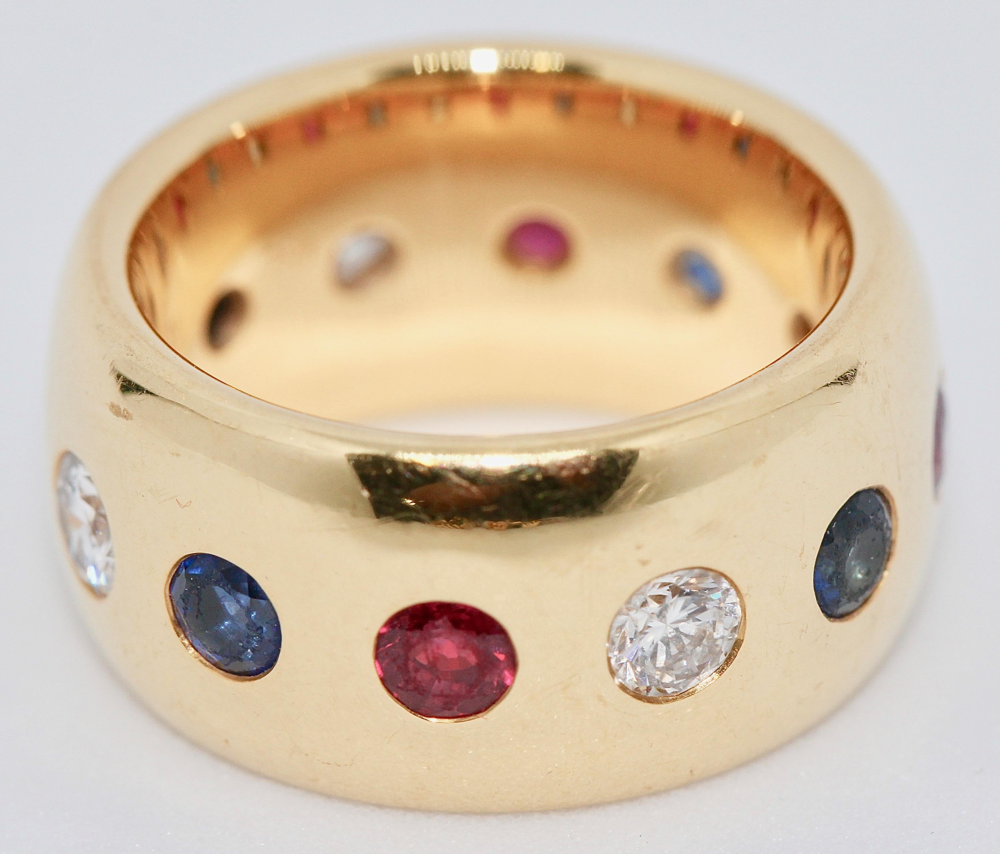 Modern Pretty, Solid 18 Karat Gold Ladies Ring with Diamonds, Sapphires and Rubies For Sale