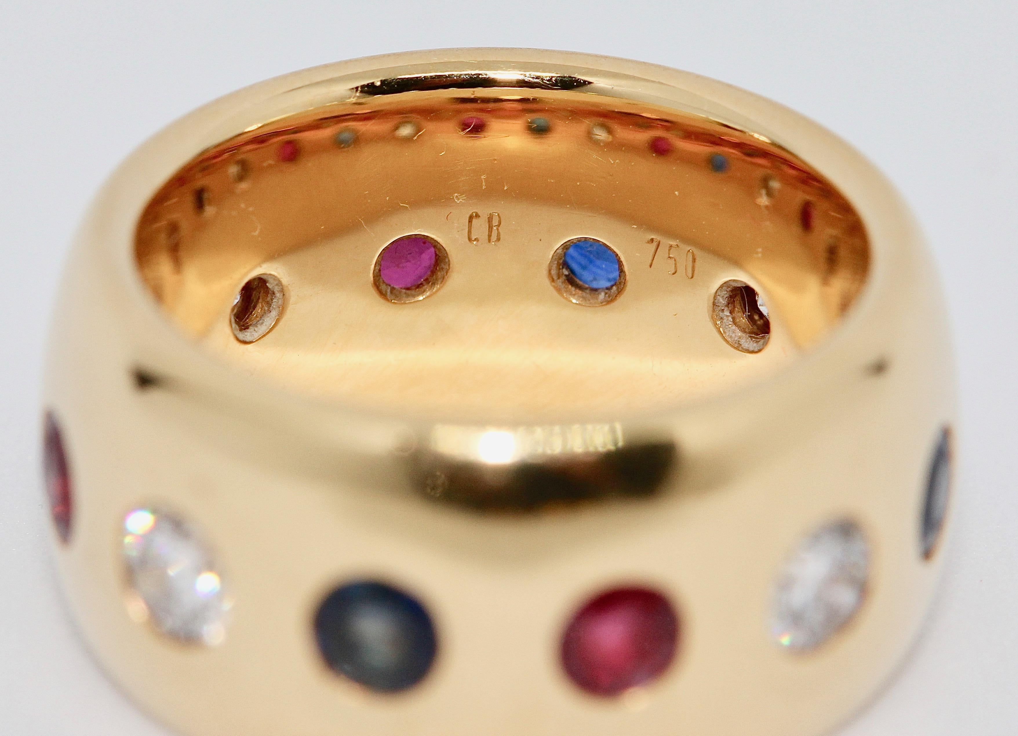 Round Cut Pretty, Solid 18 Karat Gold Ladies Ring with Diamonds, Sapphires and Rubies For Sale