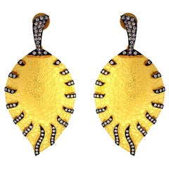 Pretty Textured 18 Karat Gold Leaf Earrings with Diamonds