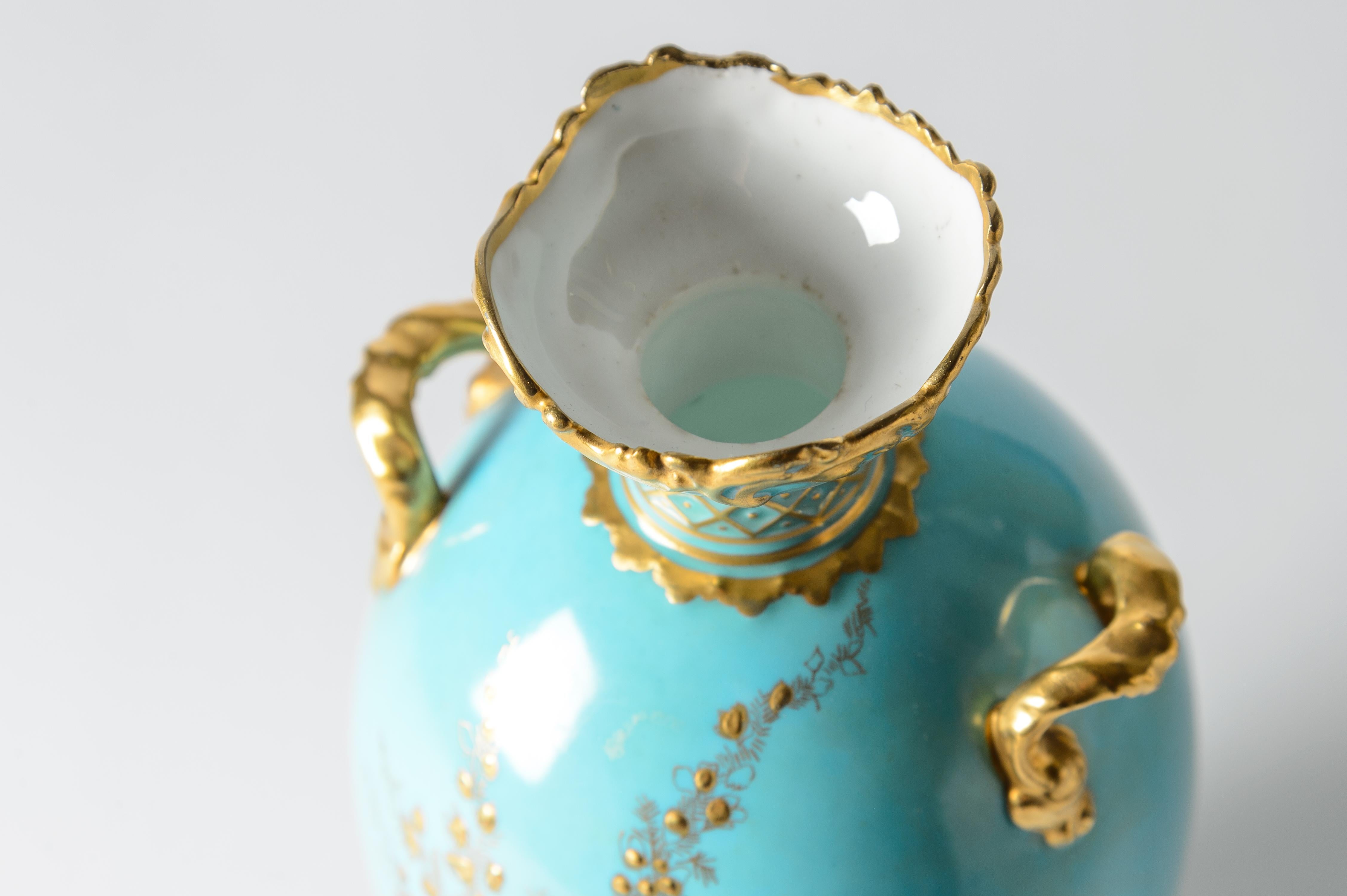 British Pretty Turquoise & Raised Gold Antique Vase by Royal Crown Derby circa 1910 For Sale