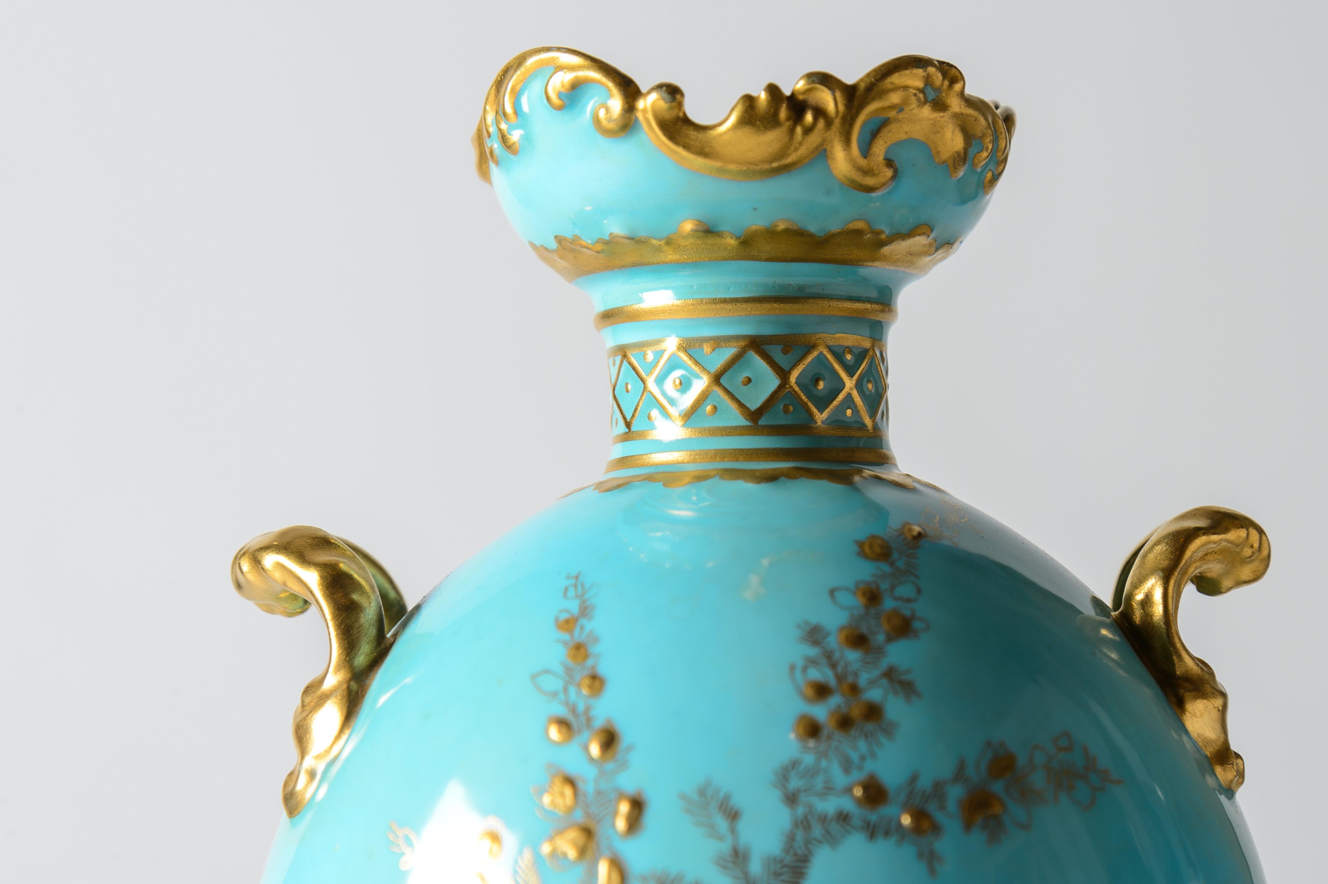 Pretty Turquoise & Raised Gold Antique Vase by Royal Crown Derby circa 1910 For Sale 1