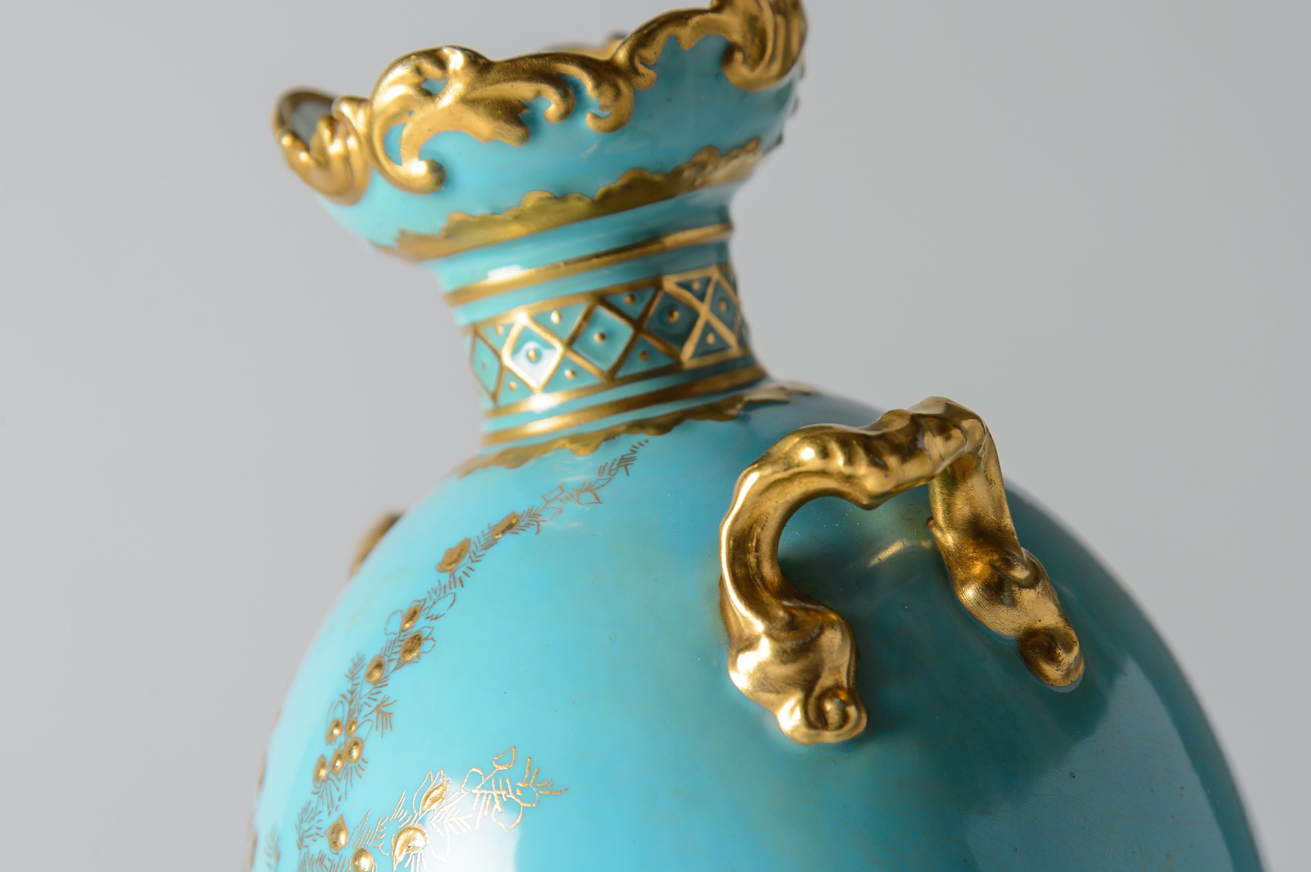Pretty Turquoise & Raised Gold Antique Vase by Royal Crown Derby circa 1910 For Sale 3