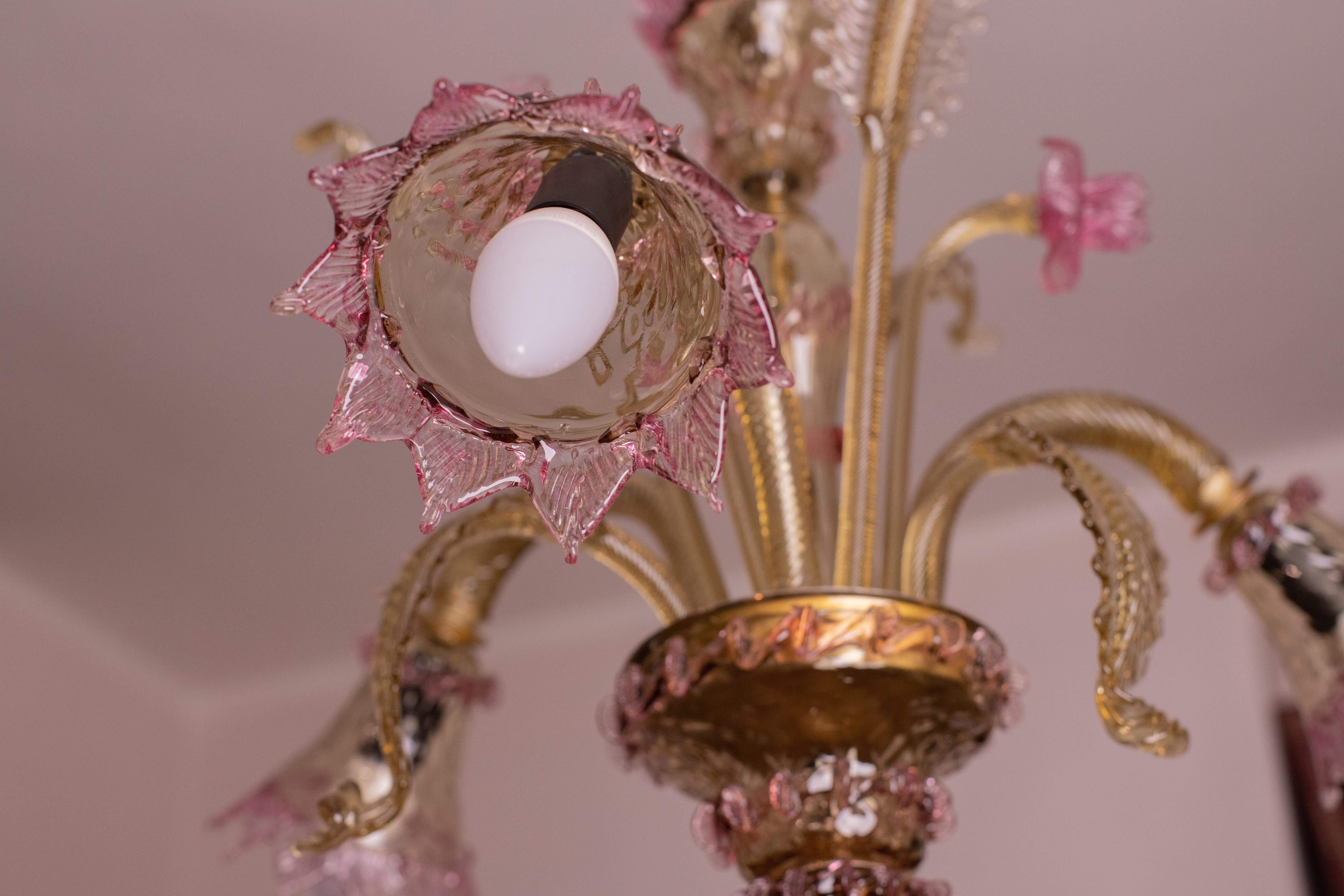Pretty Venetian Chandelier, Pink and Gold Glass, 1950s For Sale 5