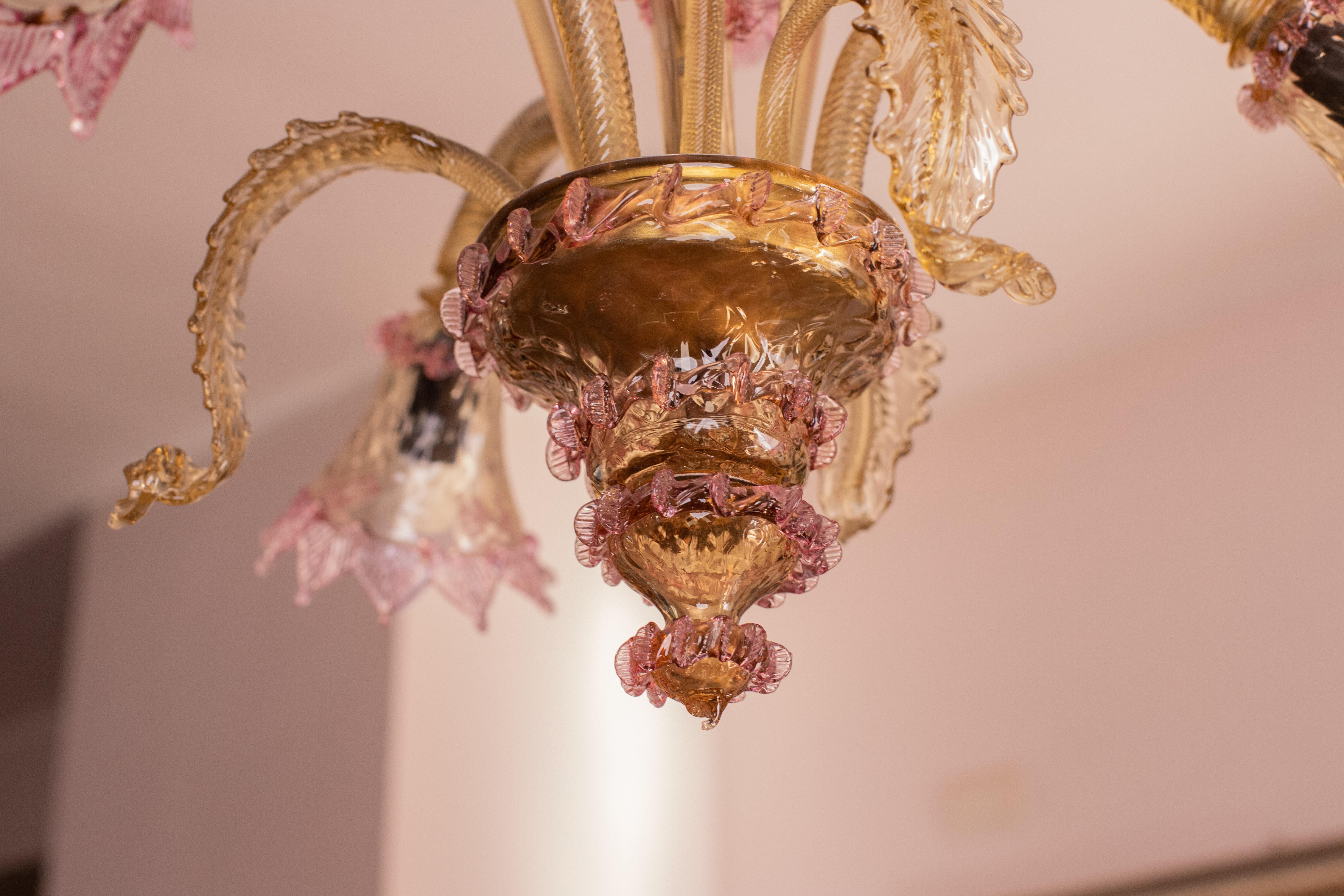 Pretty Venetian Chandelier, Pink and Gold Glass, 1950s For Sale 6