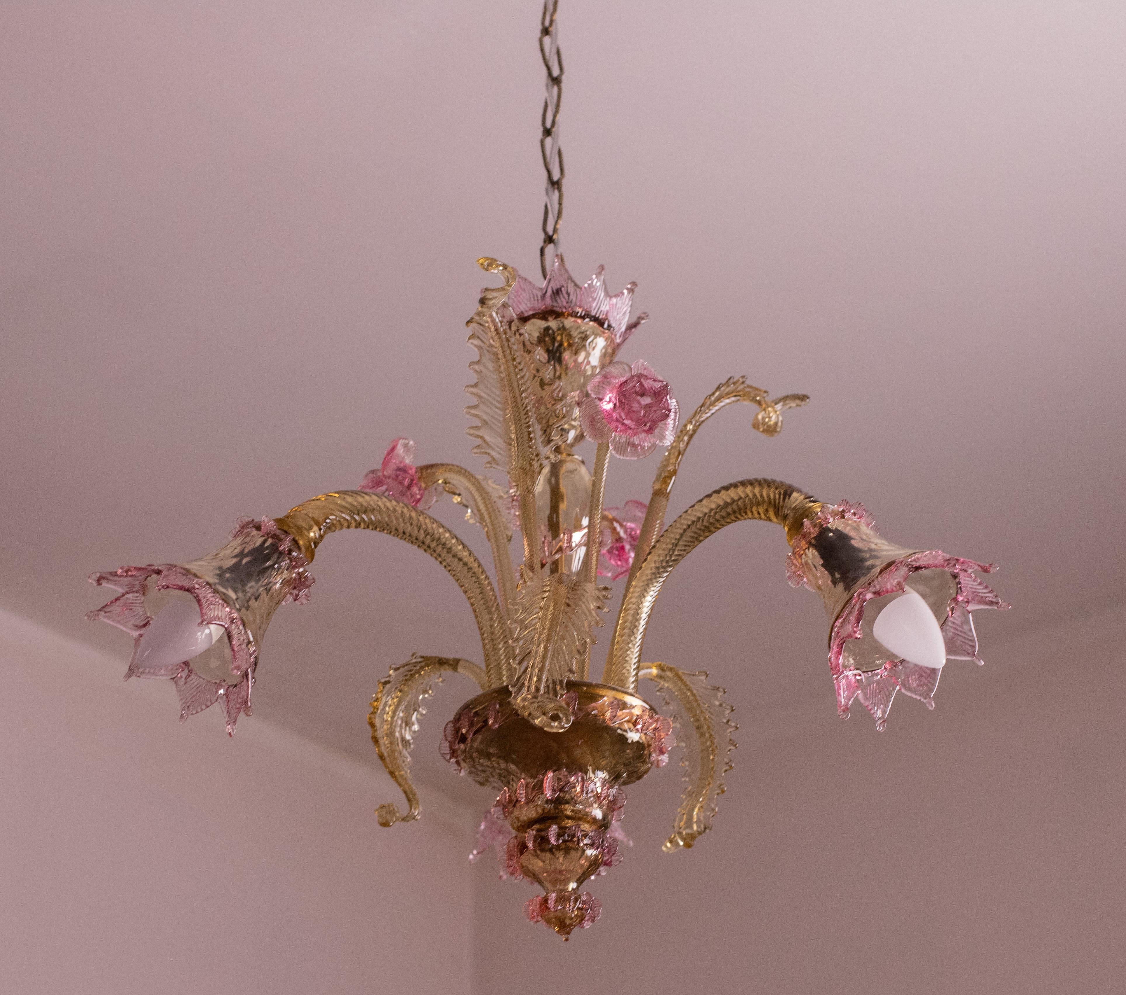 Pretty Venetian Chandelier, Pink and Gold Glass, 1950s For Sale 7