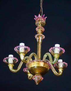 Pretty Venetian Chandelier, Pink and Gold Glass, 1950s