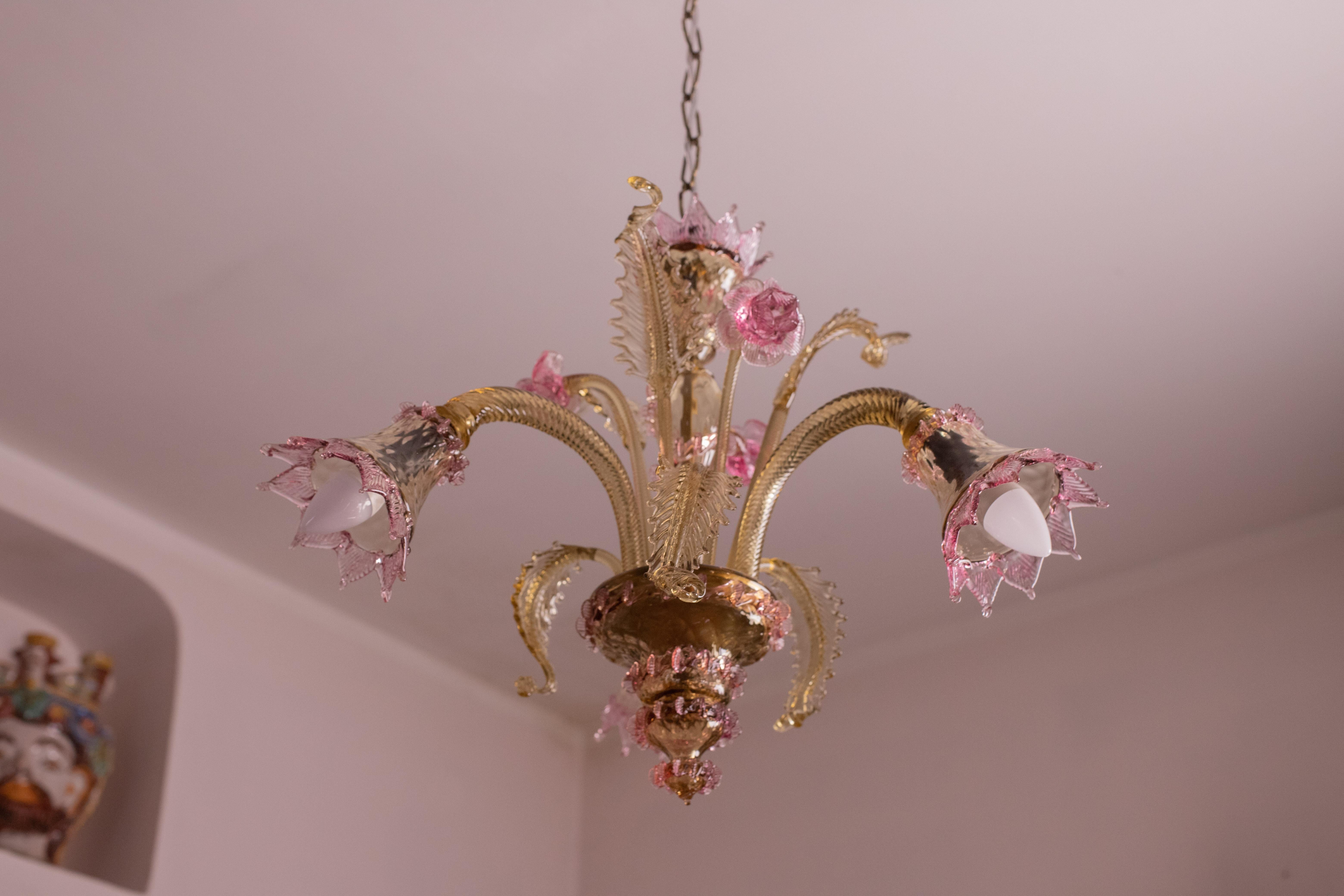 Art Glass Pretty Venetian Chandelier, Pink and Gold Glass, 1950s For Sale