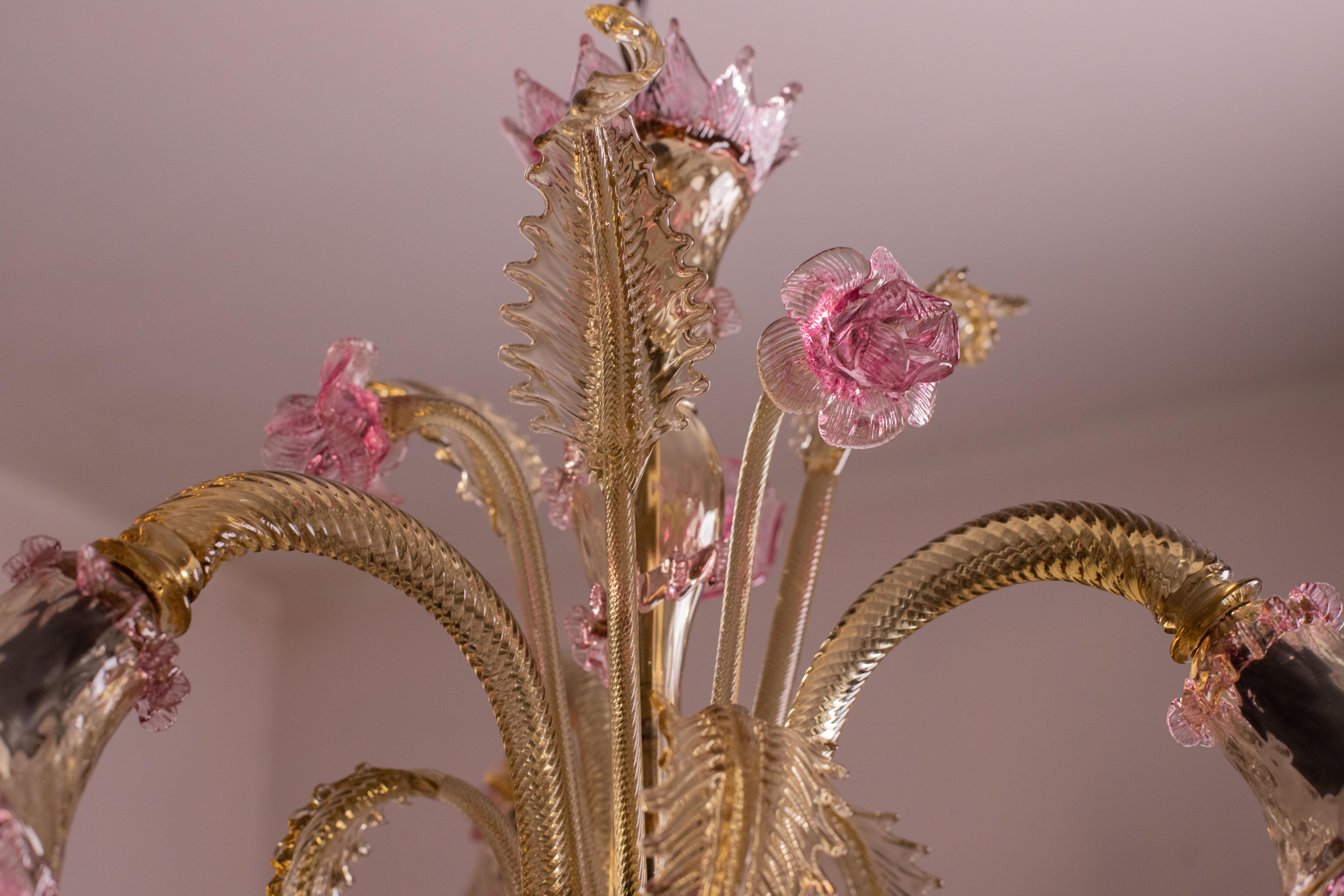 Pretty Venetian Chandelier, Pink and Gold Glass, 1950s For Sale 3