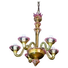 Grazioso lampadario veneziano, vetro rosa e oro, anni '50