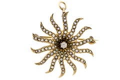Pretty Victorian Diamond Pearl and Yellow Gold Sunburst Brooch, circa 1900