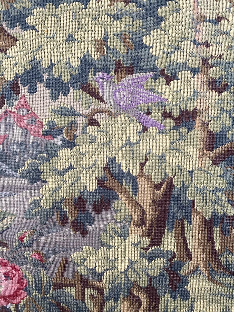 Very beautiful mid century French tapestry with beautiful design of nature with birds and a palace, with beautiful colors, mechanical Jaquar manufacturing with wool.

✨✨✨
