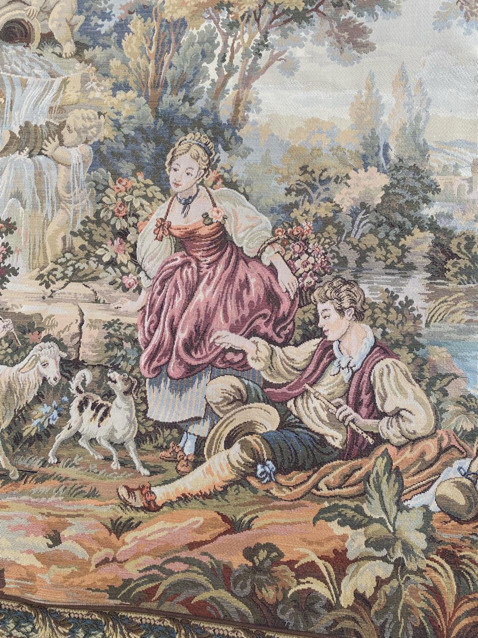 Wonderful vintag Aubusson style french Tapestry with nice gallant scene with lovers and children will animals on the beach and nice colors, mechanical Jaquar manufacturing with wool and cotton.