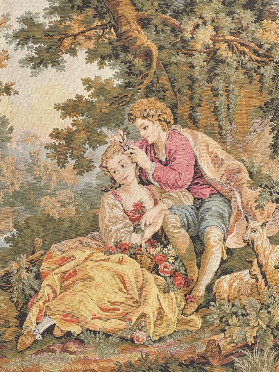 Grazioso arazzo francese della metà del secolo scorso con un bel disegno galante e bellissimi colori, tessuto su telai Jacquard con lana e cotone.

✨✨✨
