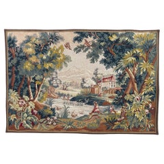 Grazioso arazzo jacquard vintage in stile Aubusson, paesaggio di Lauragais