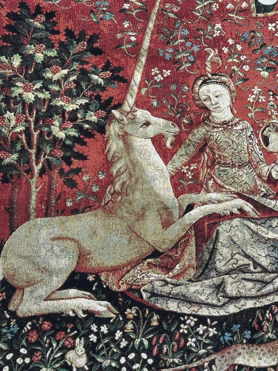 Pretty vintage Aubusson style Jacquard tapestry medieval design “the view” In Excellent Condition For Sale In Saint Ouen, FR
