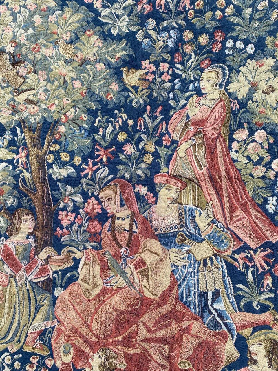 Very beautiful 20th century french tapestry with a museum medieval design and beautiful colors with blue field, mechanical Jaquar manufacturing with wool and cotton.

✨✨✨

