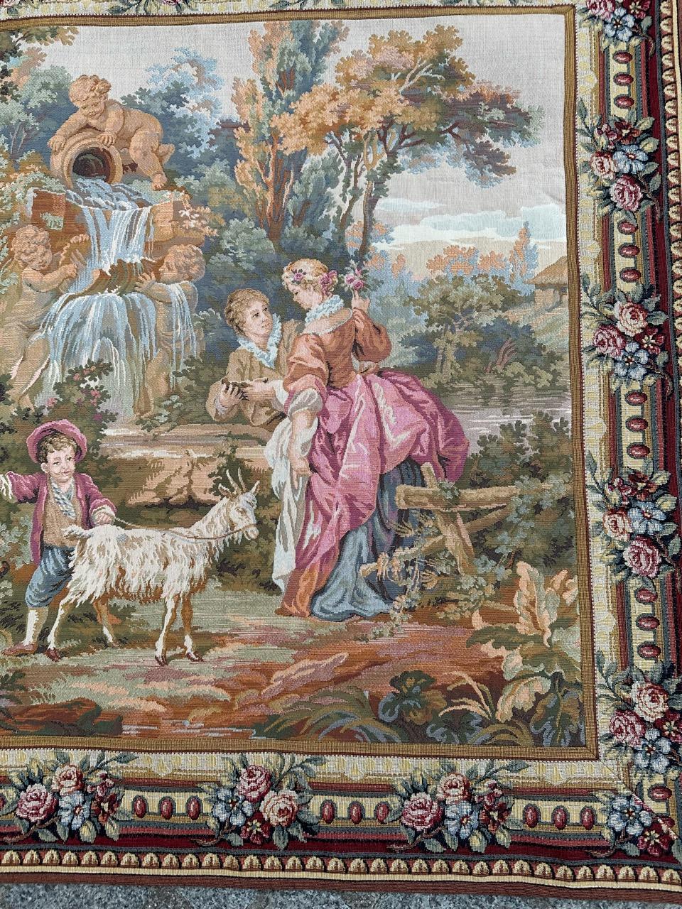 Nice mid-century French Aubusson style tapestry with beautiful gallant scene at the town and beautiful light colors, mechanical Jaquar manufacturing woven with wool and cotton.

✨✨✨
