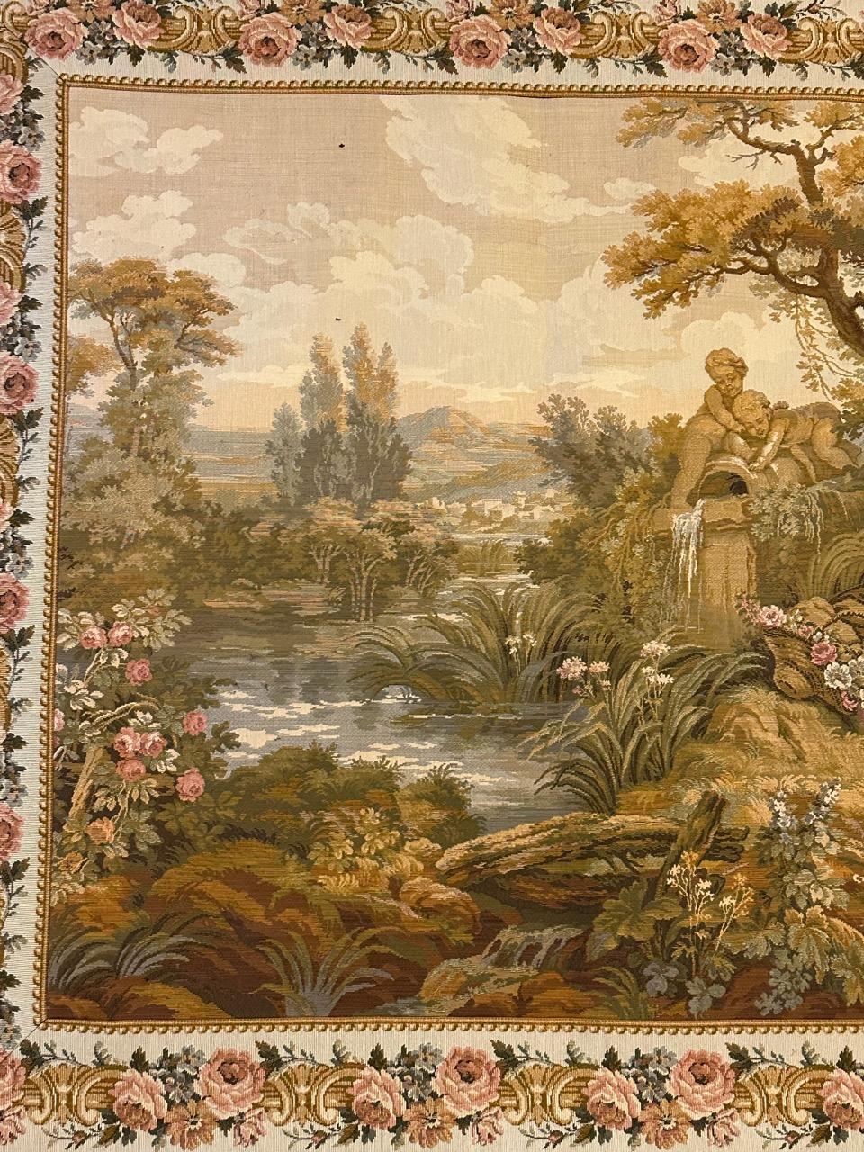 Beautiful French Jaquar Aubusson style tapestry, with nice romantic design and beautiful colors, mechanical Jaquar fabric with wool woven.

✨✨✨
