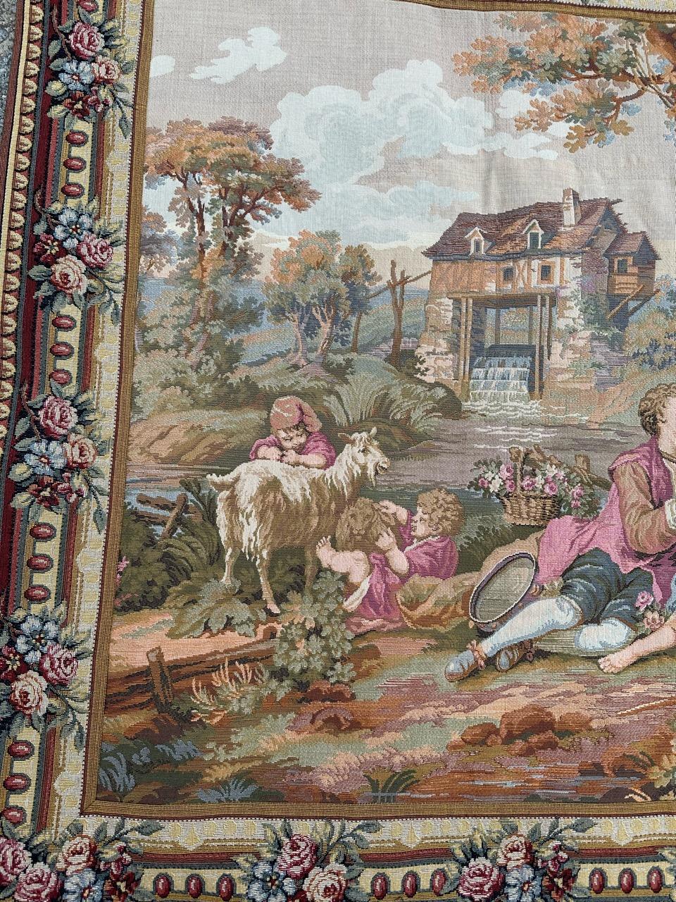 Bobyrug’s Pretty Vintage Aubusson Style Jaquar Tapestry In Good Condition For Sale In Saint Ouen, FR