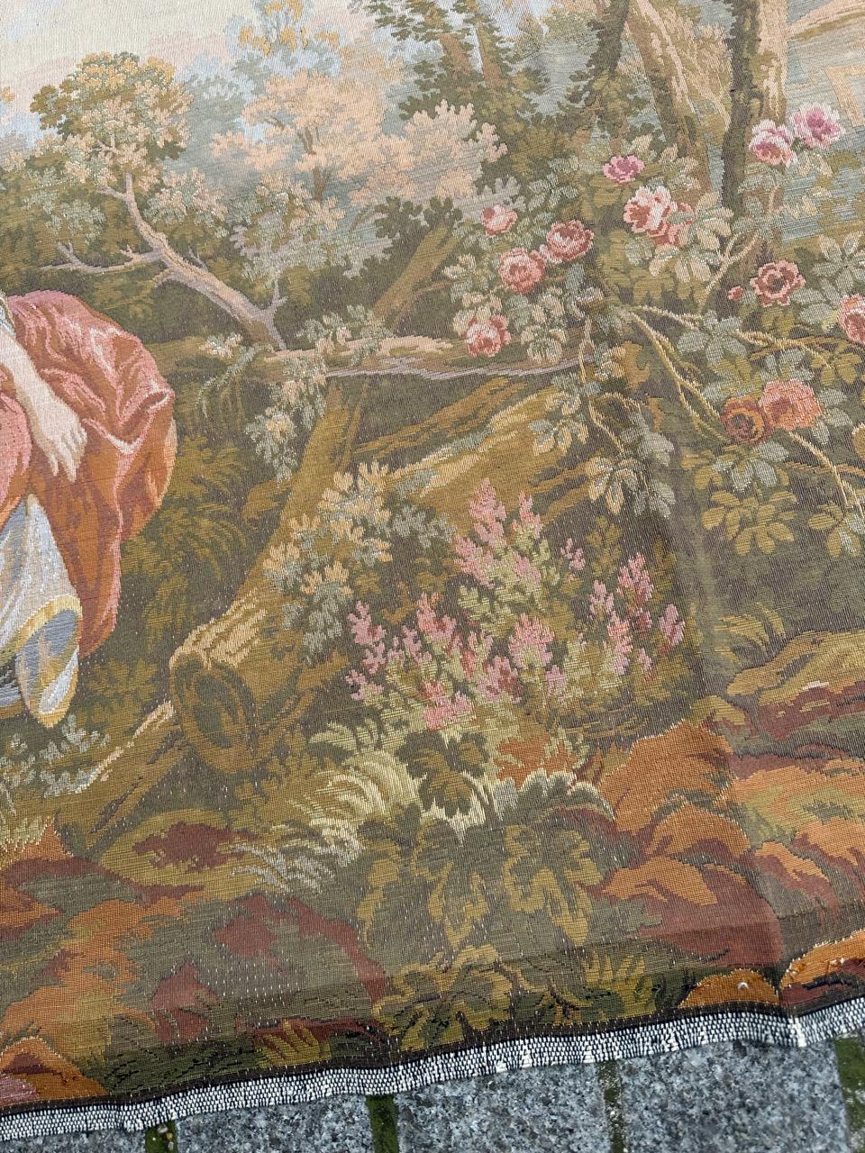 Schöner Jaquar-Wandteppich im Aubusson-Stil mit galanter Szene, Vintage im Angebot 5
