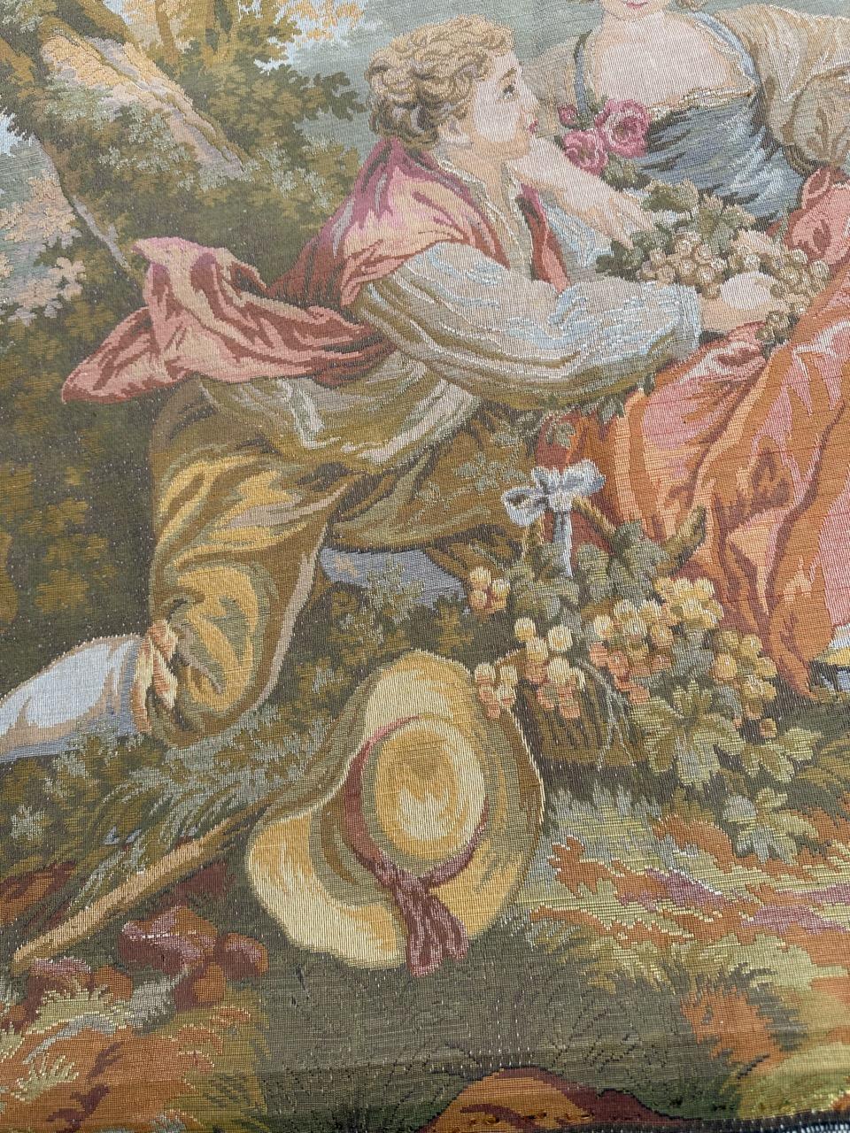 Schöner Jaquar-Wandteppich im Aubusson-Stil mit galanter Szene, Vintage im Angebot 6