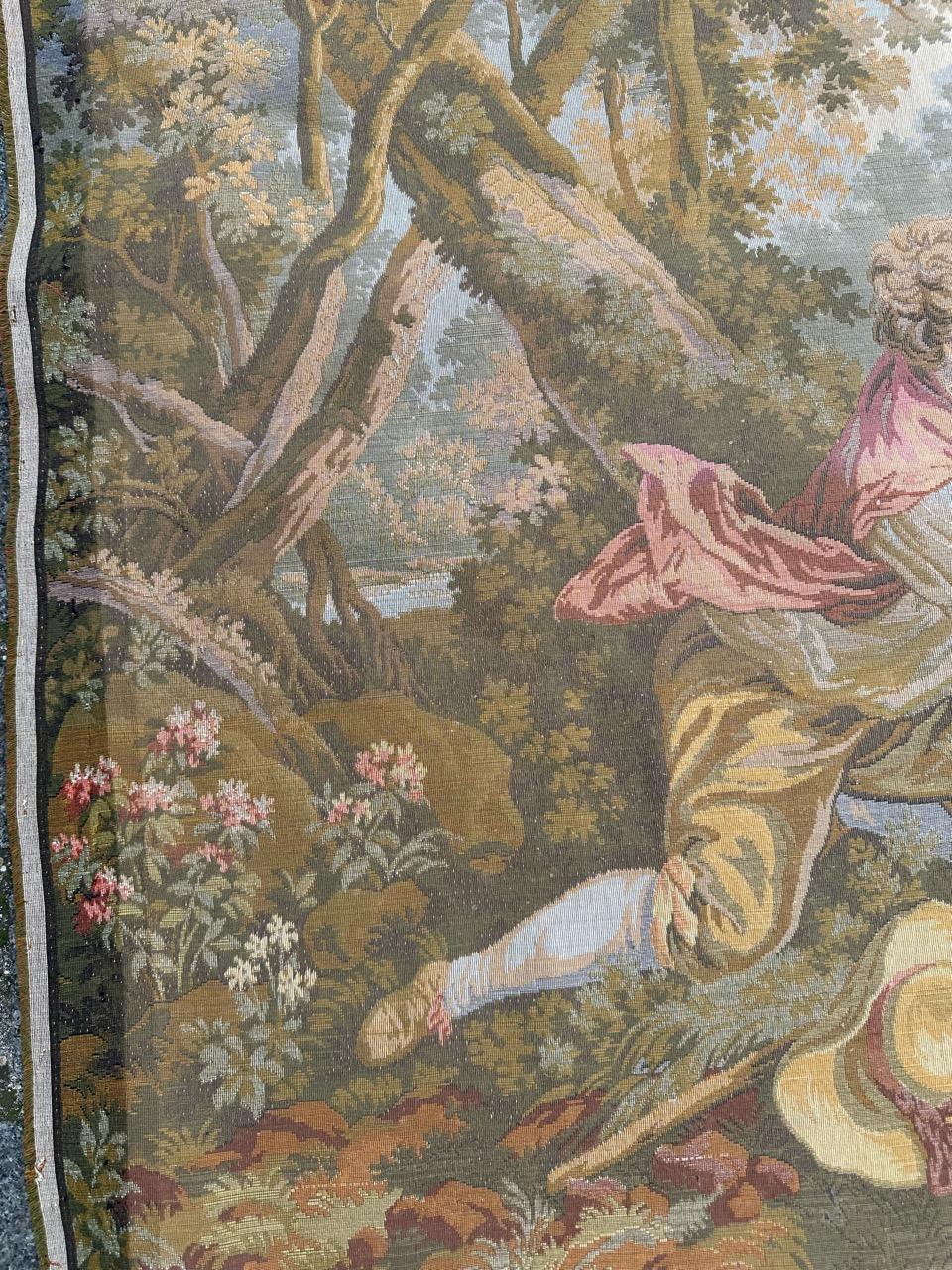 Schöner Jaquar-Wandteppich im Aubusson-Stil mit galanter Szene, Vintage im Angebot 7