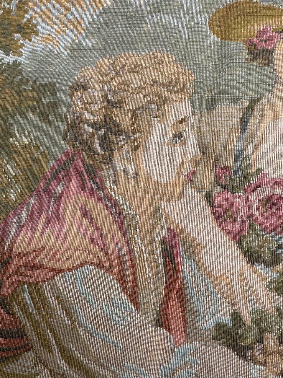 Schöner Jaquar-Wandteppich im Aubusson-Stil mit galanter Szene, Vintage im Angebot 9