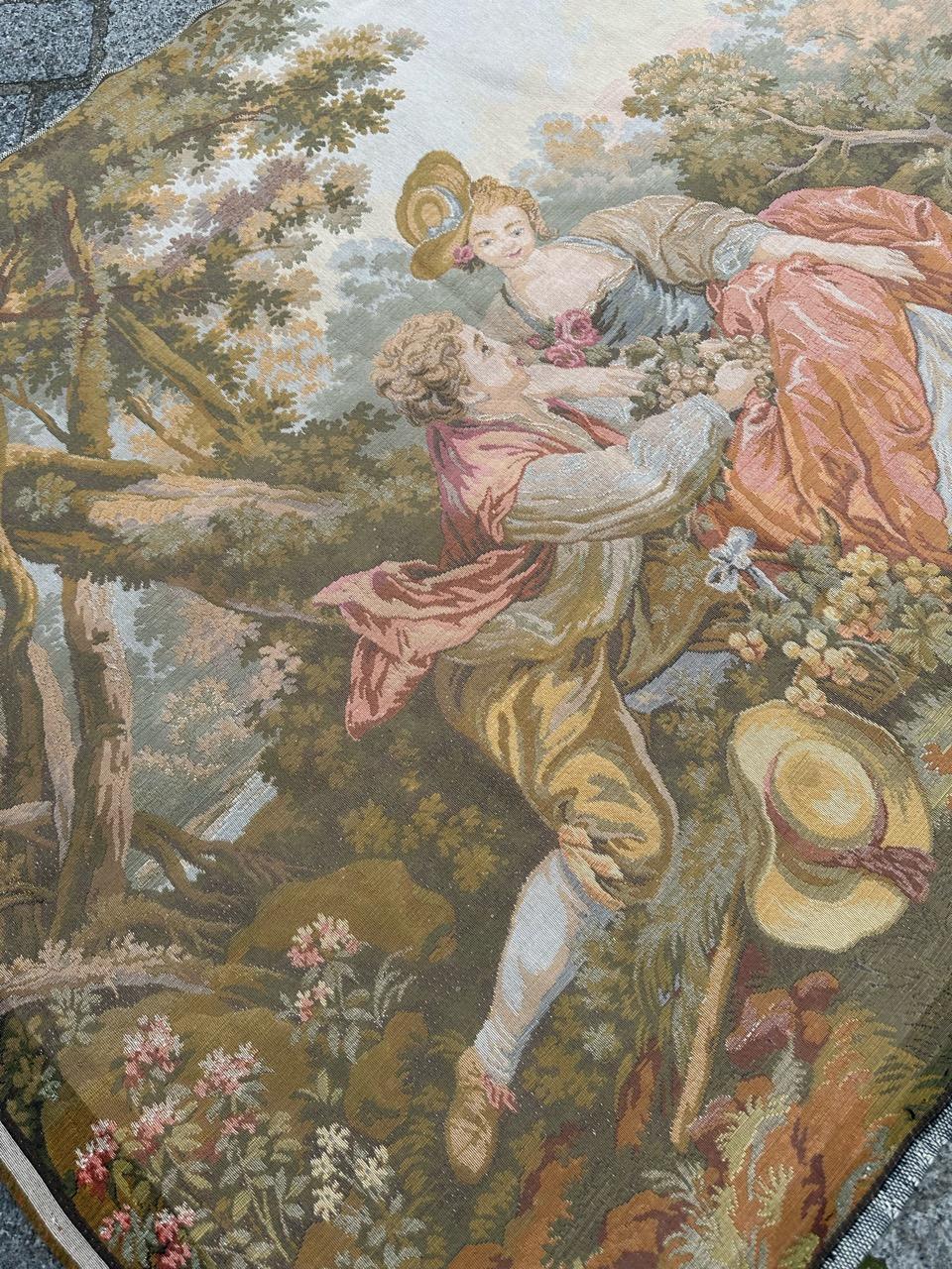 Schöner Jaquar-Wandteppich im Aubusson-Stil mit galanter Szene, Vintage im Angebot 11