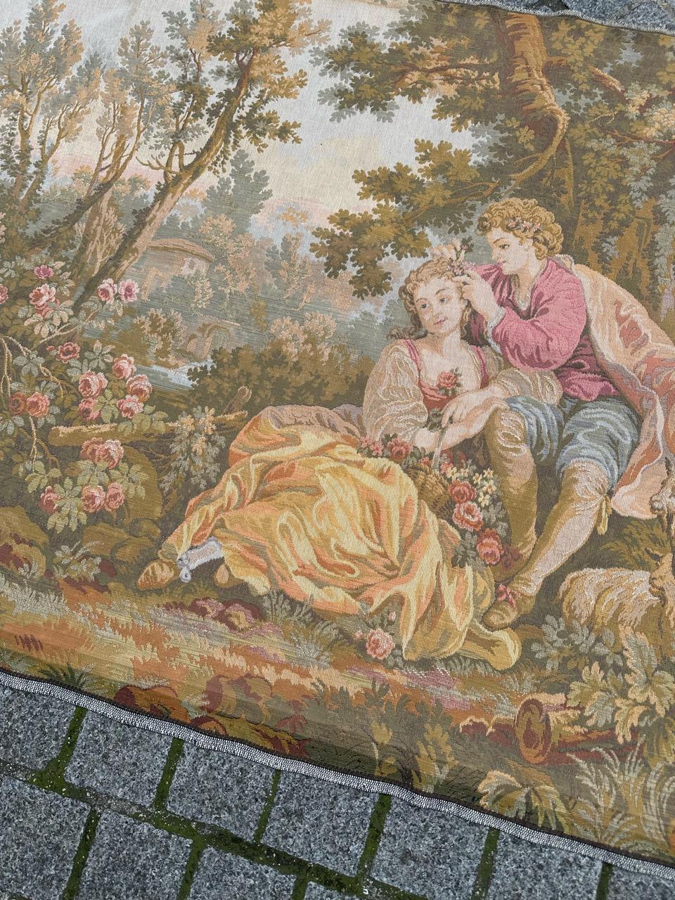 Schöner Jaquar-Wandteppich im Aubusson-Stil mit galanter Szene, Vintage (Französisch) im Angebot