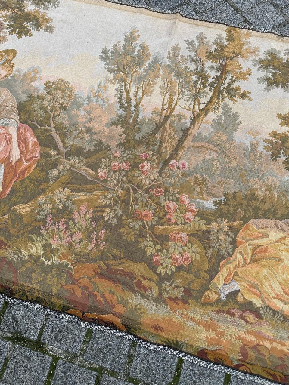 Schöner Jaquar-Wandteppich im Aubusson-Stil mit galanter Szene, Vintage (Maschinell gefertigt) im Angebot