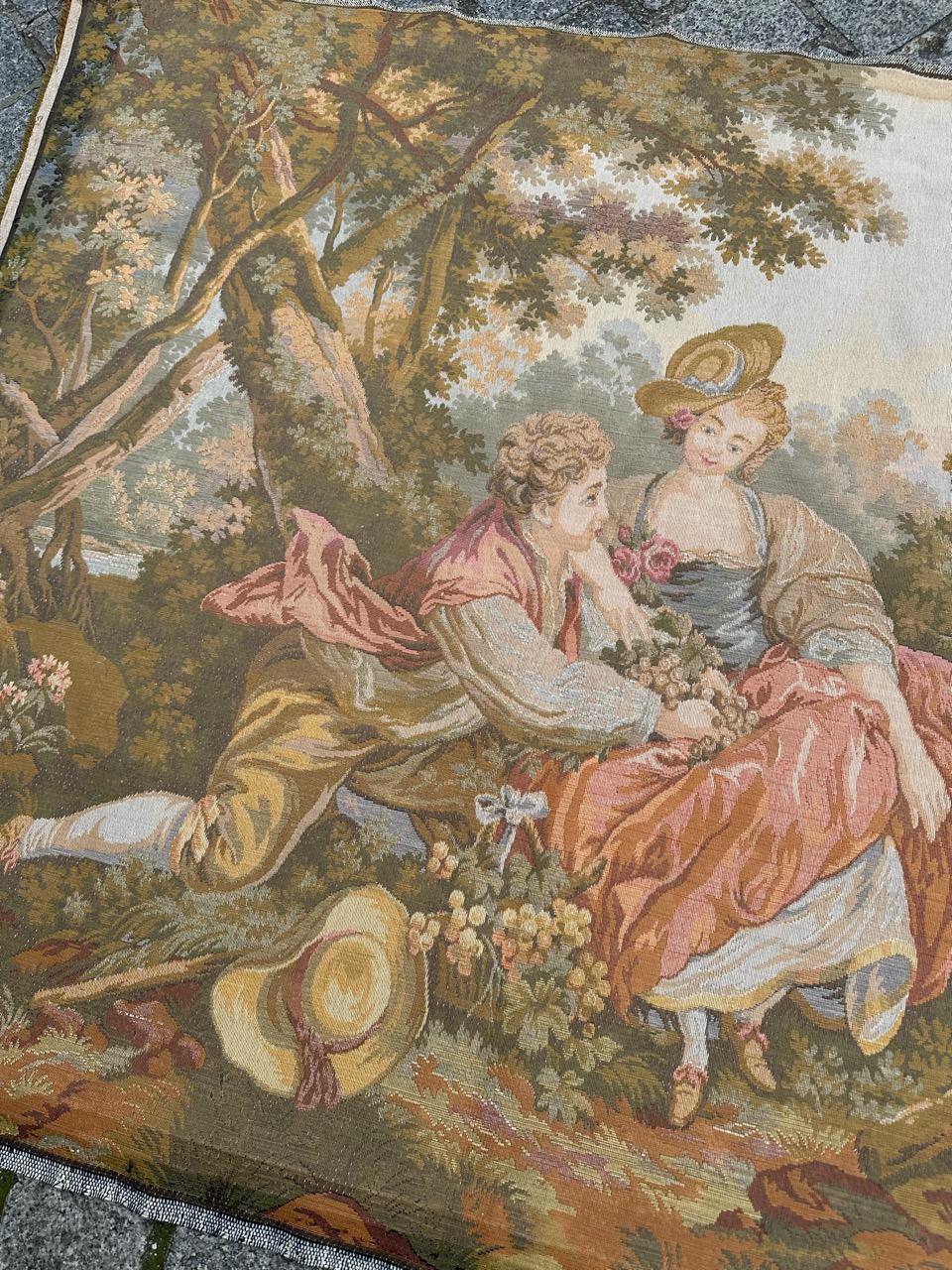 Schöner Jaquar-Wandteppich im Aubusson-Stil mit galanter Szene, Vintage (20. Jahrhundert) im Angebot