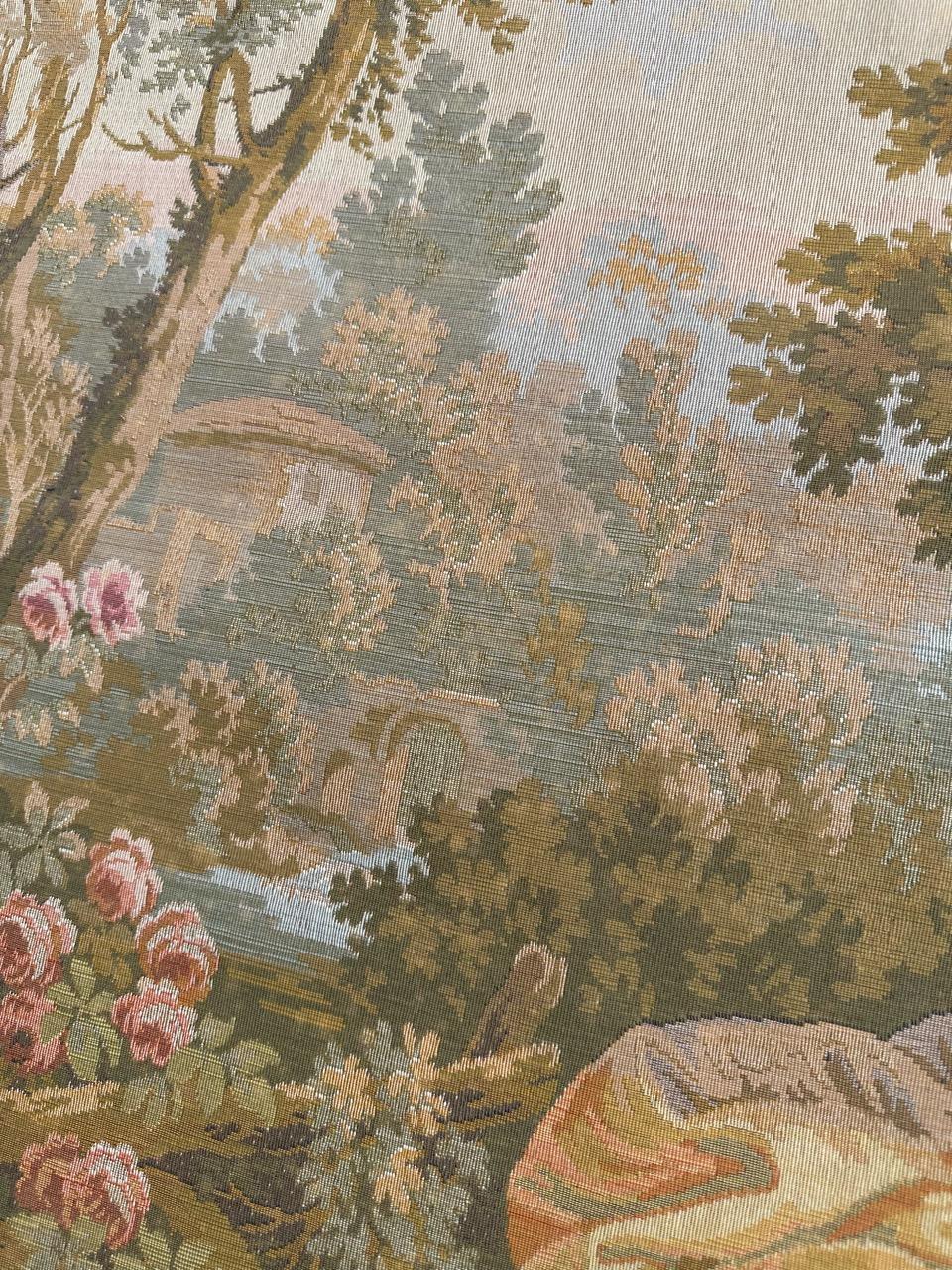 Schöner Jaquar-Wandteppich im Aubusson-Stil mit galanter Szene, Vintage im Angebot 1