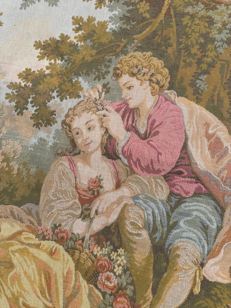 Schöner Jaquar-Wandteppich im Aubusson-Stil mit galanter Szene, Vintage im Angebot 2