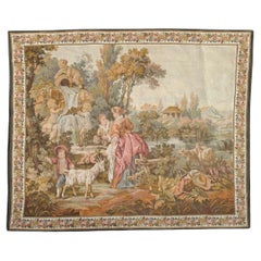 Pretty Vintage Aubusson Style Jaquar Tapestry « rest at the fountain »