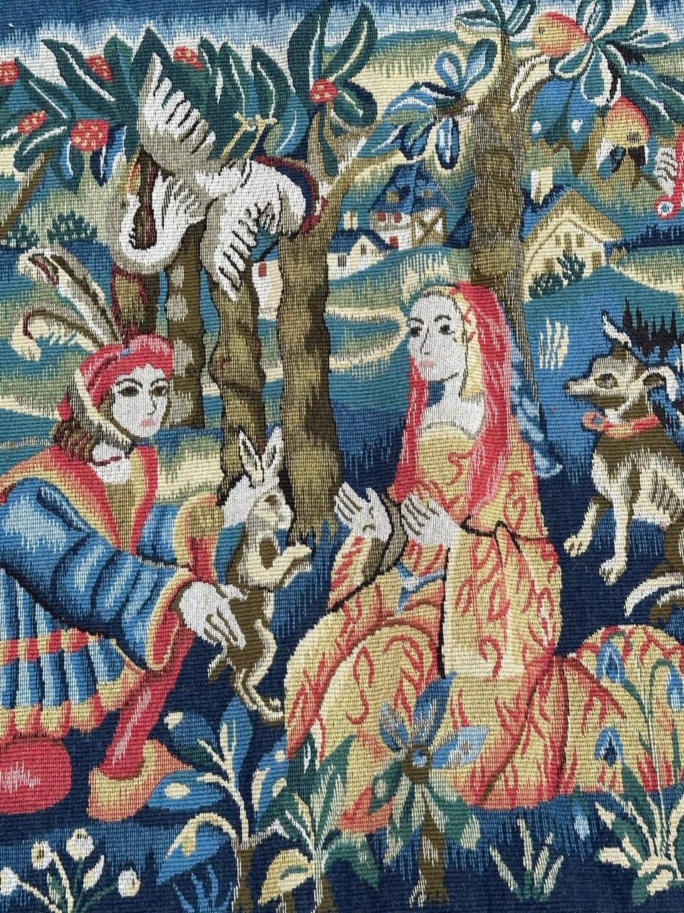 Hübsche Vintage Aubusson Stil médiéval Design Jacquard Wandteppich im Zustand „Gut“ im Angebot in Saint Ouen, FR
