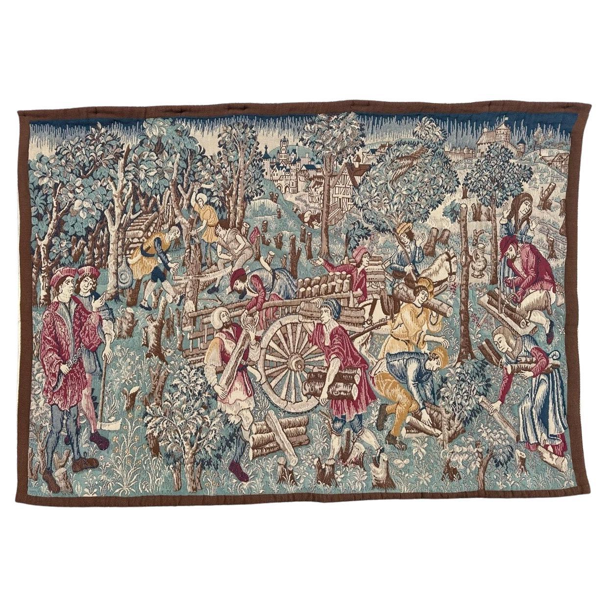 Grazioso arazzo jacquard vintage in stile Aubusson médiéval " boscaioli ".