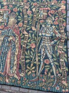 Grazioso arazzo jacquard vintage in stile Aubusson con disegno medievale "I cavalieri".