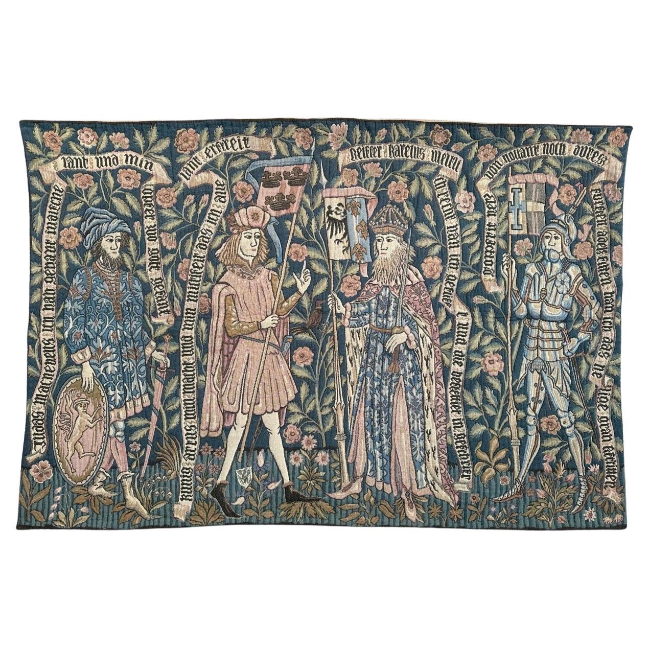 Grazioso arazzo jacquard d'epoca in stile museo medievale Aubusson