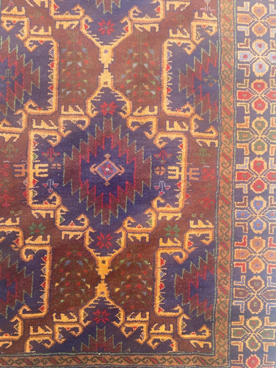 Nice mid century Turkmen Baluch rug with beautiful geometrical and tribal design and nice colors, entirely and finely hand knotted with wool velvet on wool foundation.

✨✨✨
