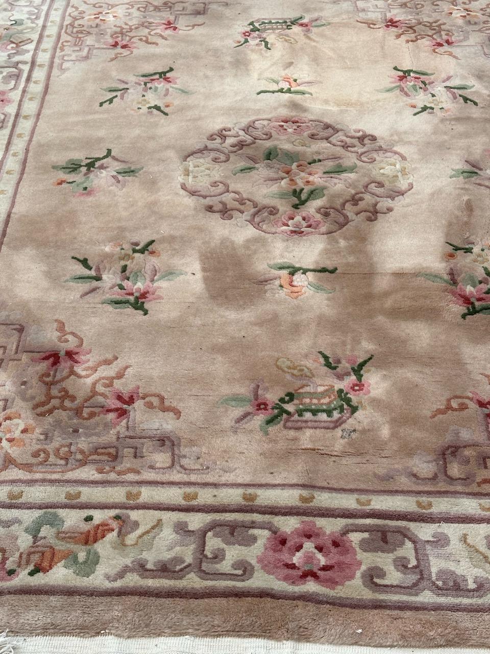 Beautiful mid century Chinese rug with an art deco style design and nice colours with a beige orange field, pink, orange, purple, green, yellow , brown and blue, entirely hand knotted with wool on cotton foundation 

✨✨✨
