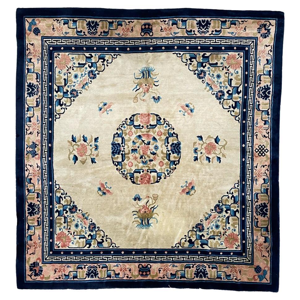 Bobyrug’s Pretty Vintage Chinese Peking Art Deco Square Rug For Sale