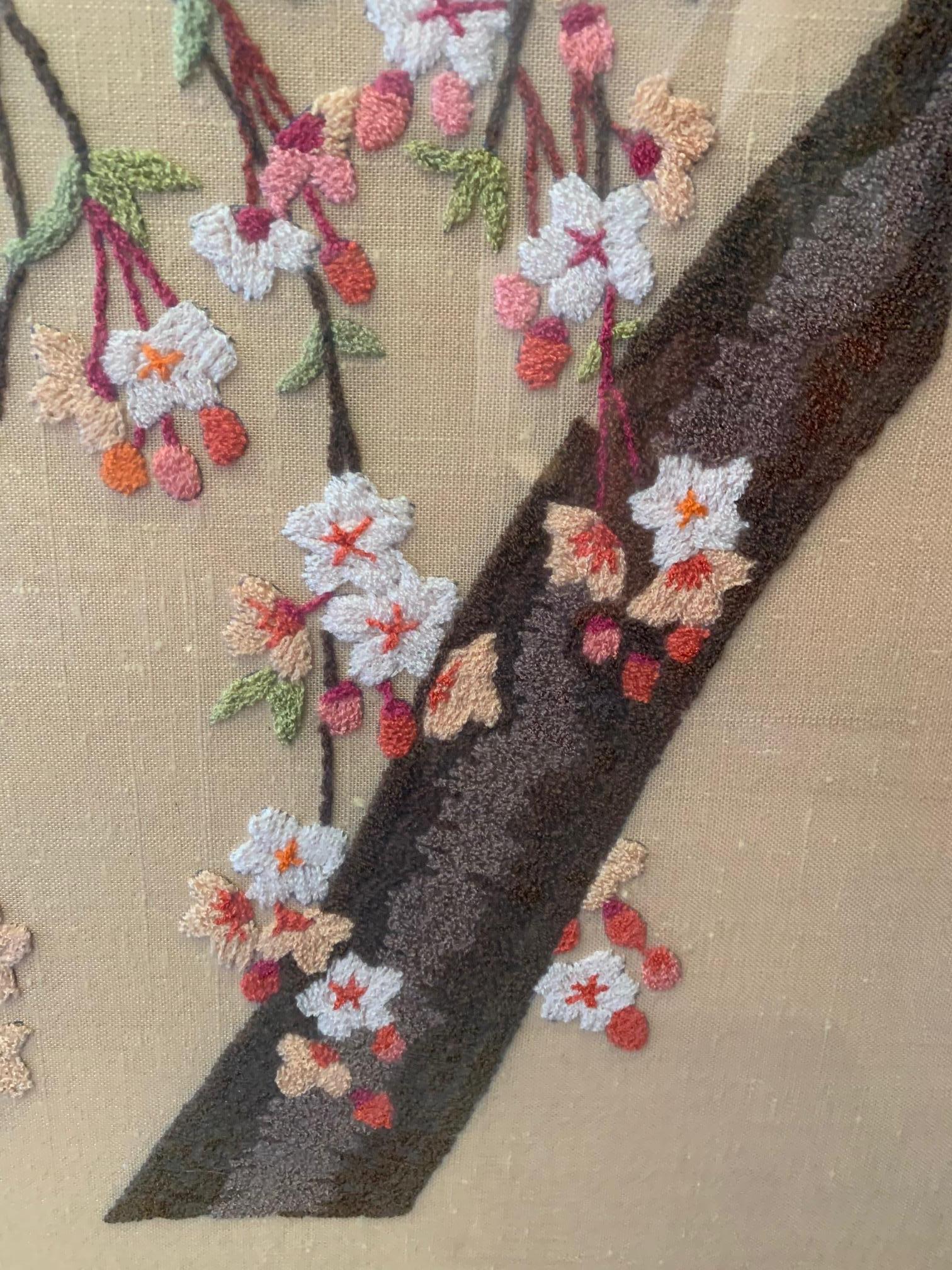 Pretty Vintage Framed Embroidery of Cherry Blossoms In Good Condition In Hopewell, NJ