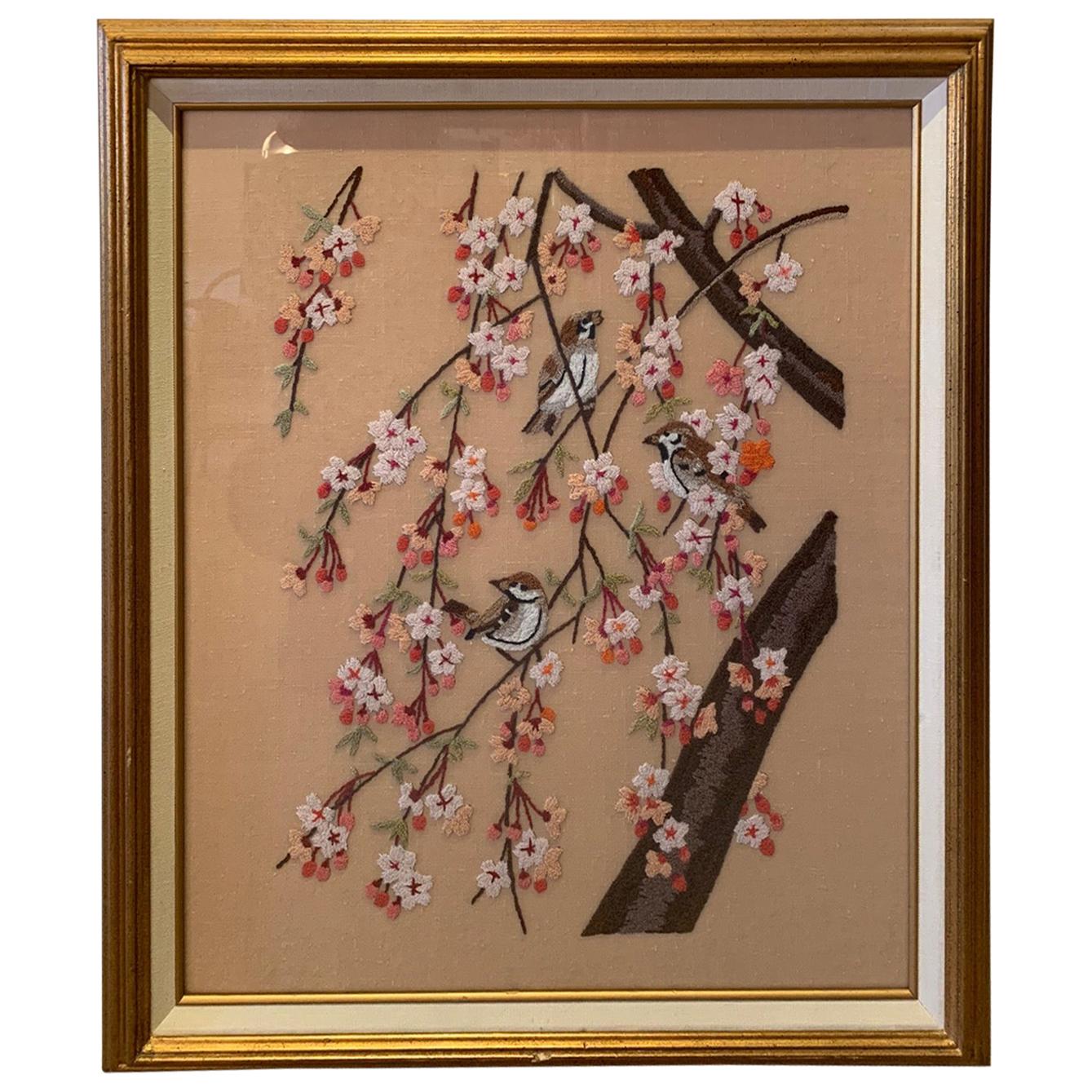 Pretty Vintage Framed Embroidery of Cherry Blossoms